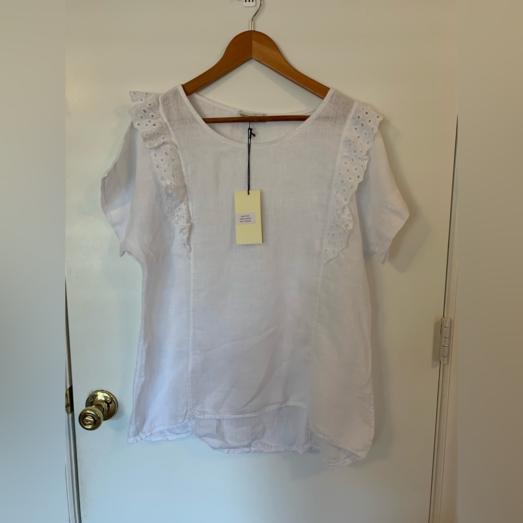 Terzo Millennio Womens 100% Linen Top Lace Cap Sleeve White Made In Italy Small
